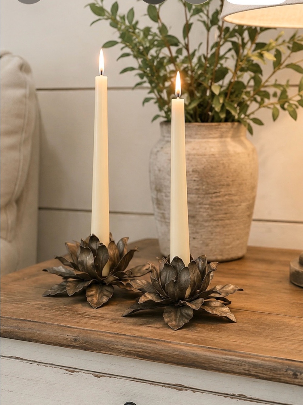 2 Vintage Metal Patina Candle Holders. Flower Shape. 3”Wx 2”T Taper | Unique